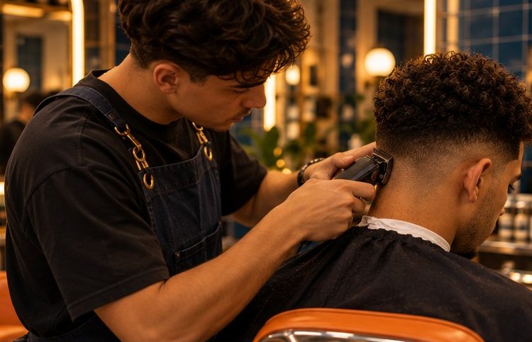 Concept visual: hands-on workshop, a student performs a fade on a live model