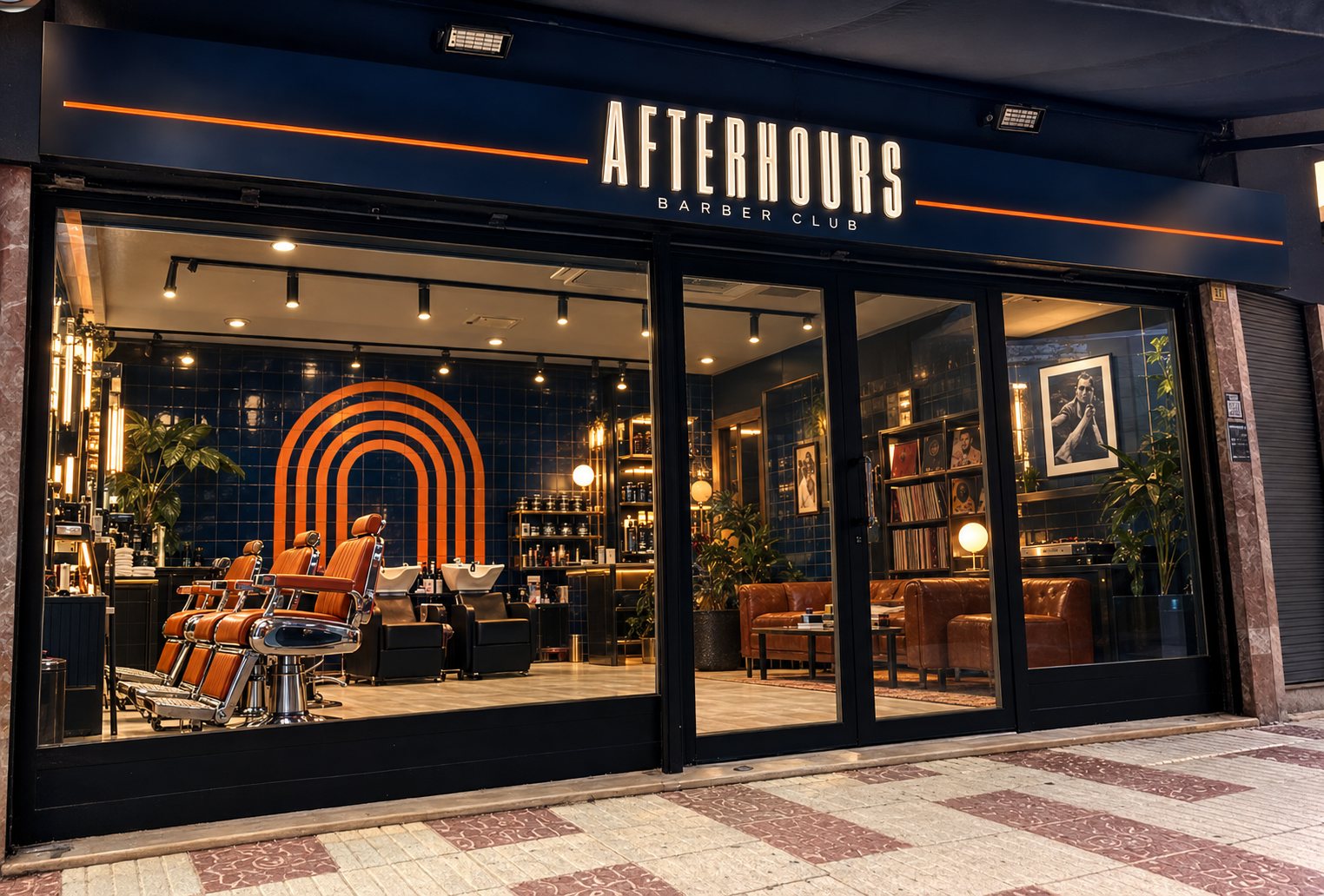 Concept render of the founding shop in Spain restyled as AFTERHOURS: blue tiles, chrome sign, orange stripes